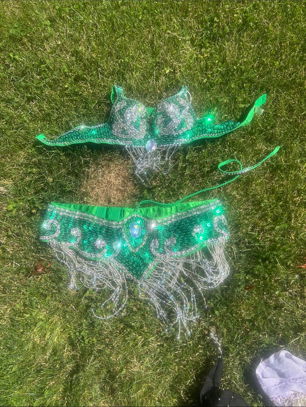Green Sequin Fringe Belly Dance Costume Set with Gem Accents